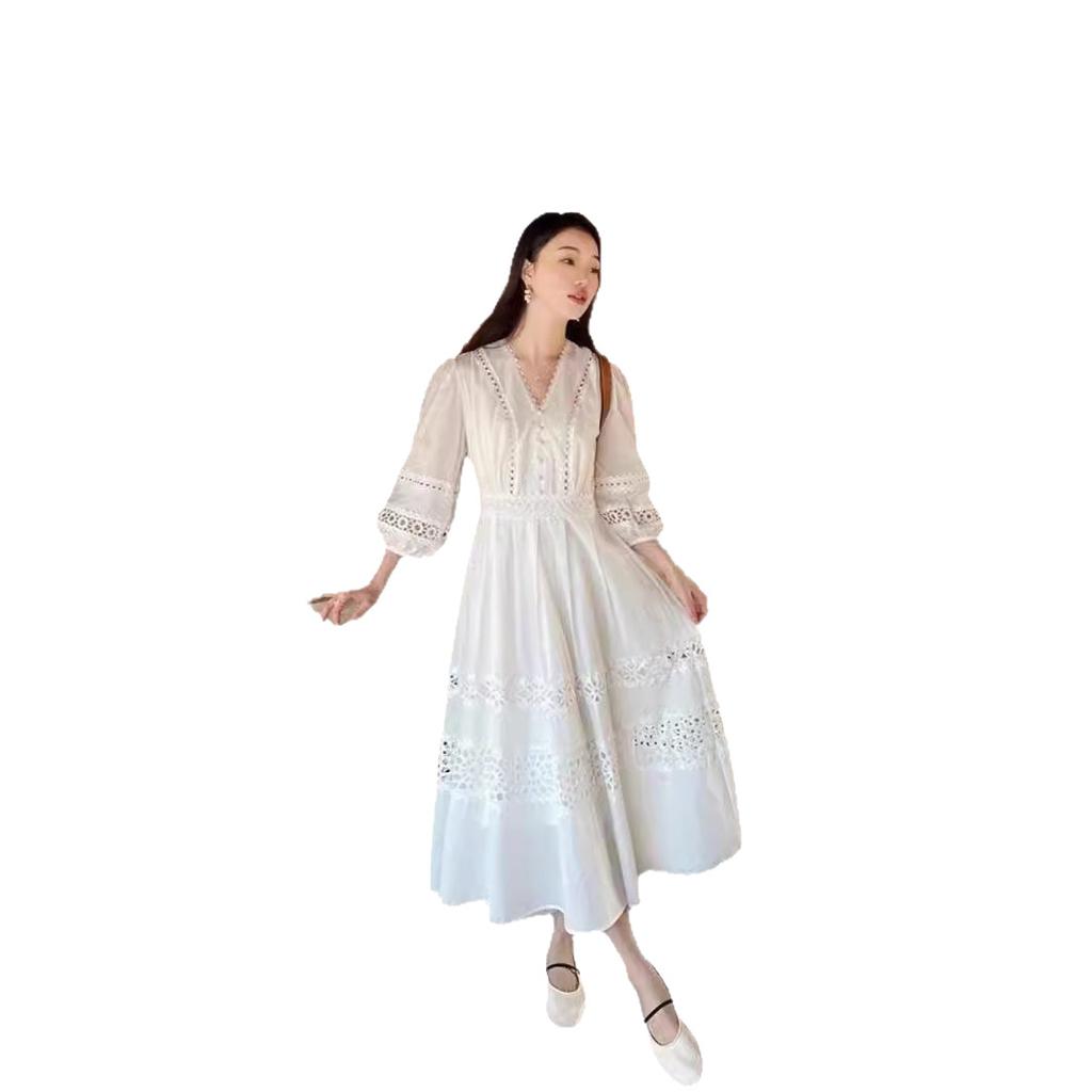 French Court Style Heavy Industry Lace White V-neck Dress Women's Summer New Waist Pendulum Fairy Dress