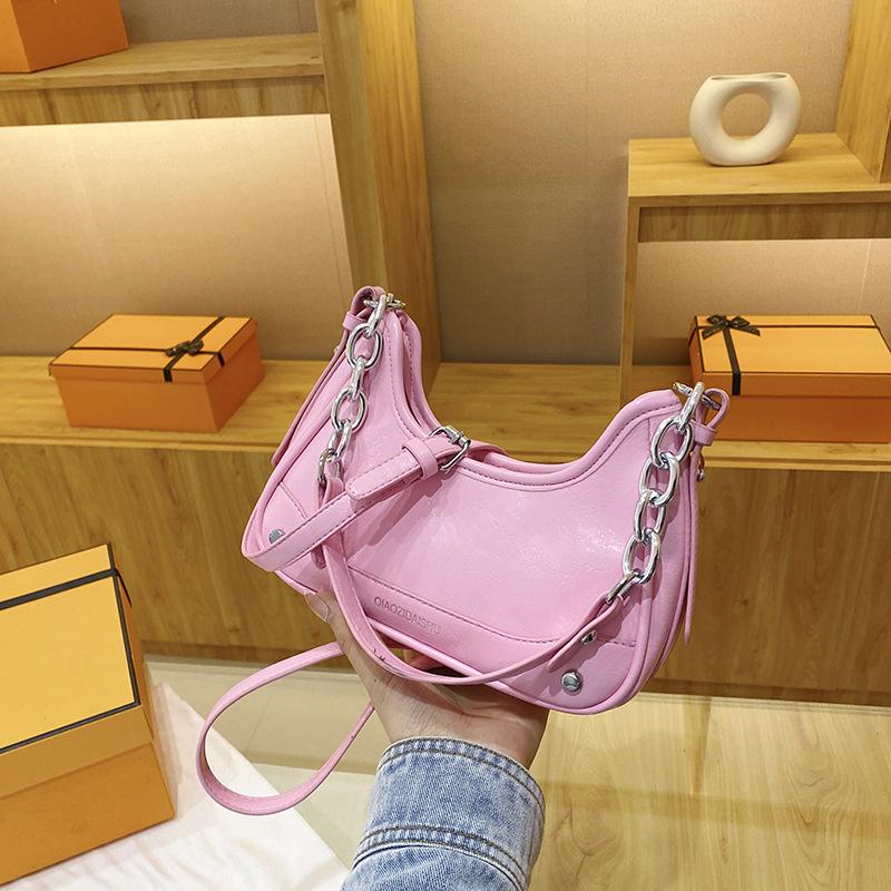 

Новый нишевый дизайн, продвинутая текстура, сумка-полумесяц в стиле ретро, цепочка, заклепки, сумка подмышку розовый