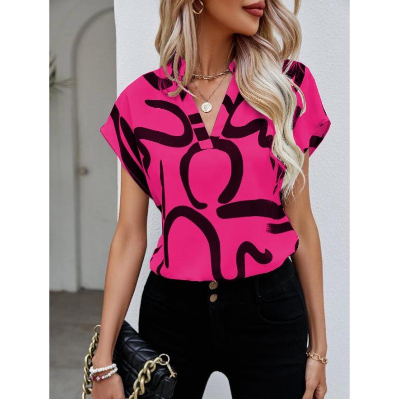 Chemise d'été pour femme Manches chauve-souris Hauts Dame Élégant Simple Imprimé Décontracté Chemisier pour femme Nouvelle Mode Vacances à la plage Lâche Vêtements féminins
