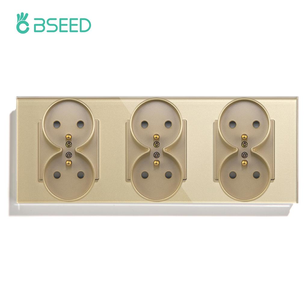 BSEED French Standard Single Wall Power Sockets Double Sockets Dual Electrical Outlets Glass Panel Children Protection 16A