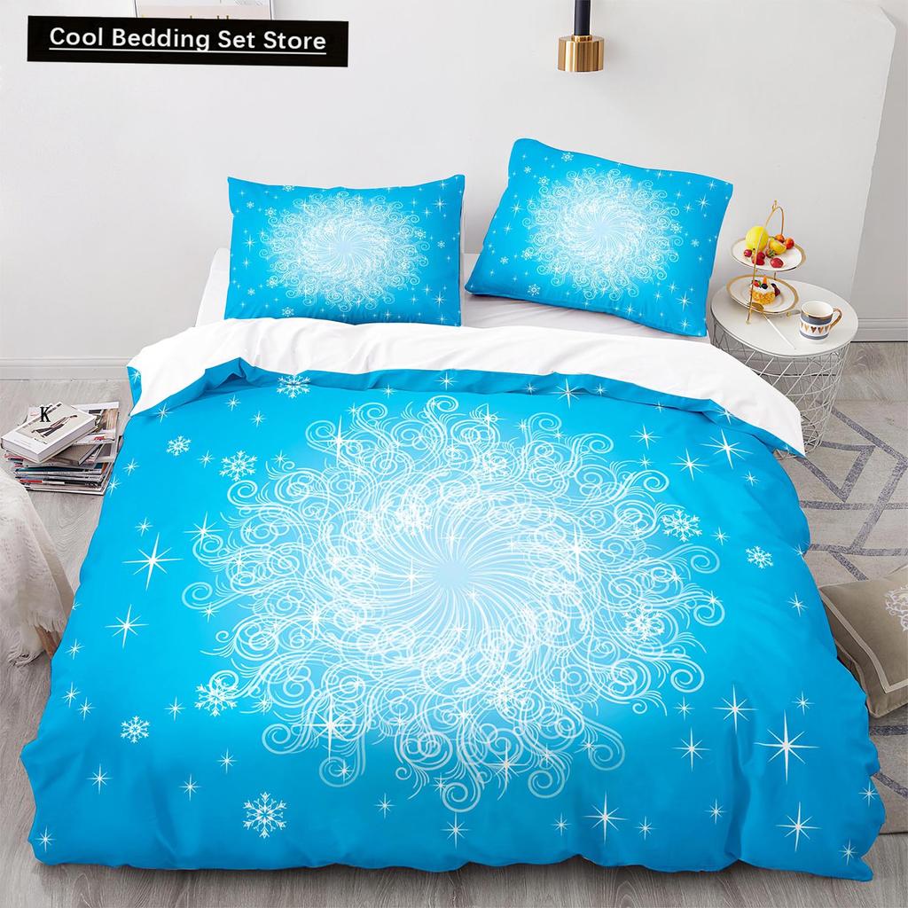 3D Snowflake King Queen Duvet Cover Romantic Purple Snow Landscape Bedding Set for Kids Teens Adults Christmas Soft Quilt Cover