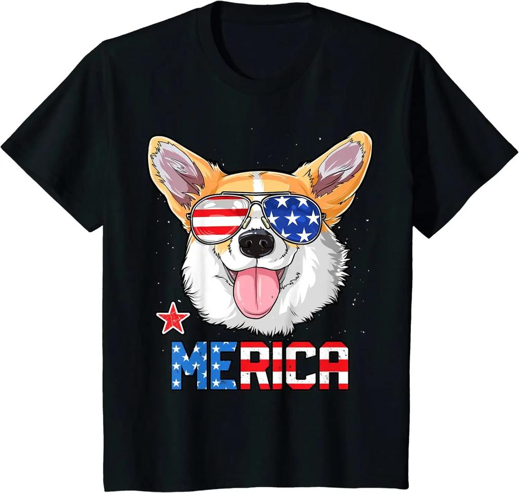 Corgi Merica 4th of July T Shirt Boys Girls Dog Puppy Casual T Shirts Daily Four Seasons Cotton Tees Vintage T Shirt Unisex