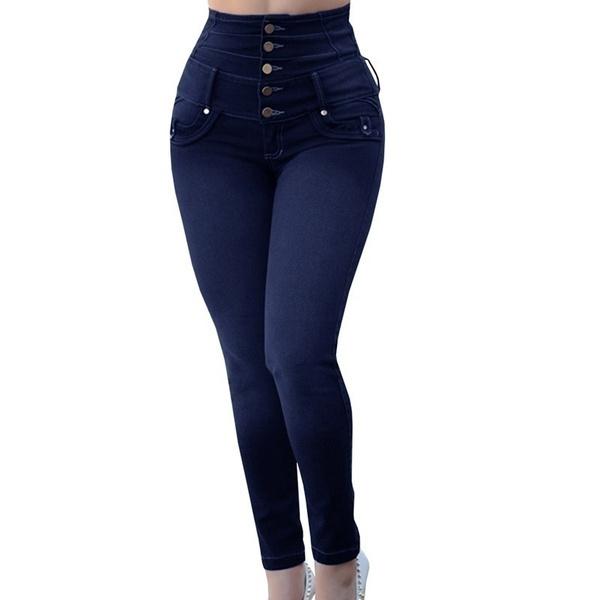 Nové dámské džíny s vysokým pasem, strečové tužkové džínové kalhoty, jednobarevné, úzké skinny džíny