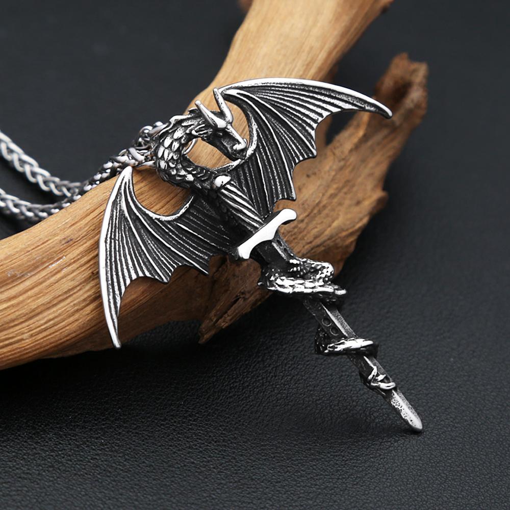 New Vintage Pterodactyl Holy Sword Shape Pendant Necklace Stainless Steel Hip Hop Biker Animal Party Jewelry Male  Gifts