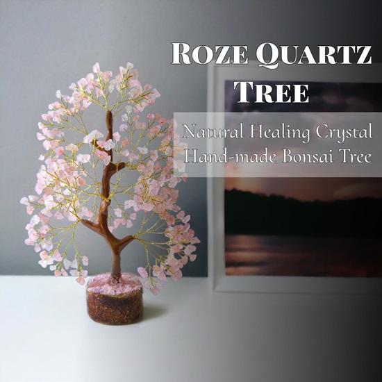 Rose Quartz Tree Natural Gemstone Tree of Life Love Harmony Bonus Crystal Pendant Golden Wire 300 Beads