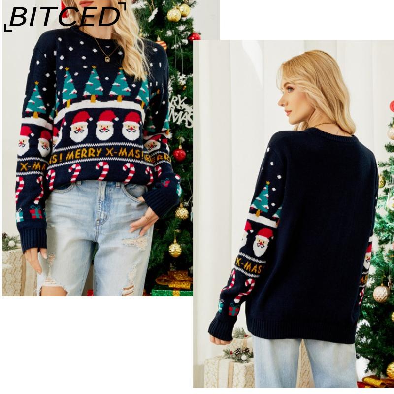 BITCED Autumn/Winter Niche Designer Knitwear for Women Christmas Tree Knit Pullover Snowman Patterned Chunky Sweater