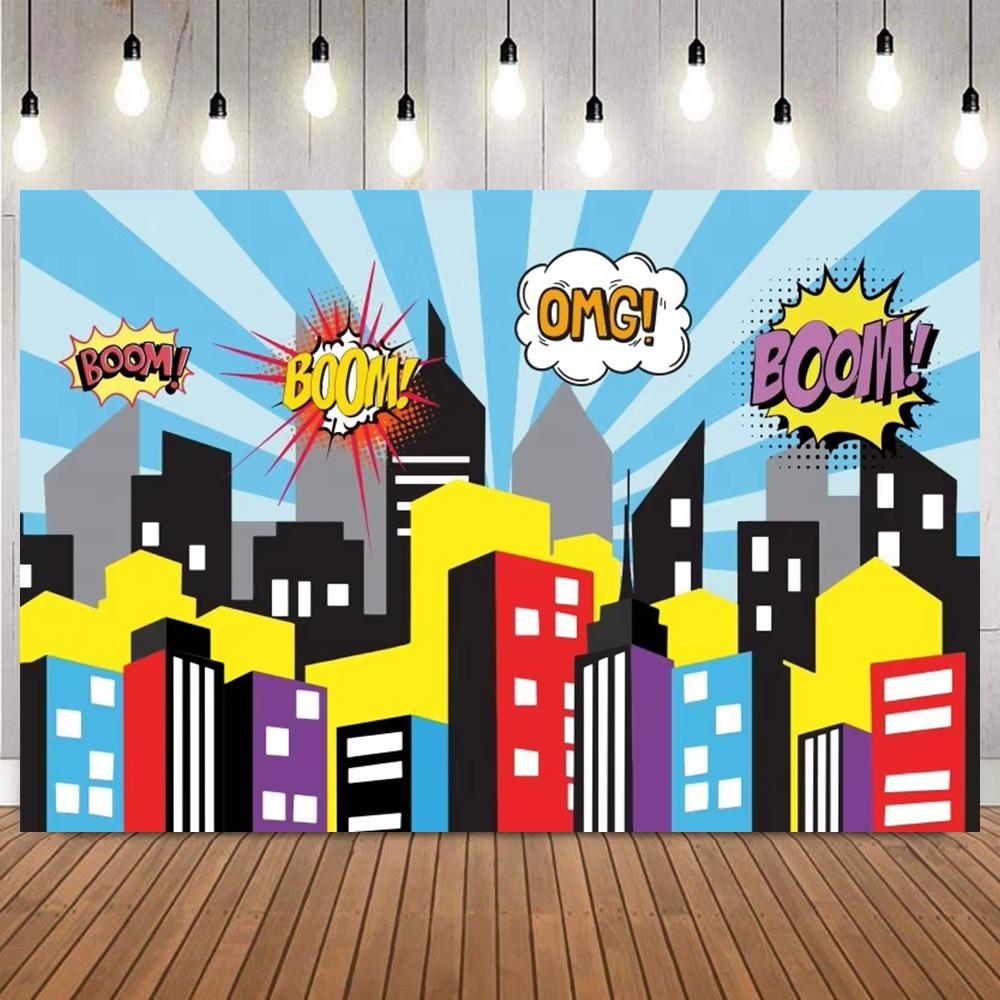 Comic Style City Superhero Photo Backdrop Colorful Buildings Birthday Cake Table Decoration Banner Party Photography Background3