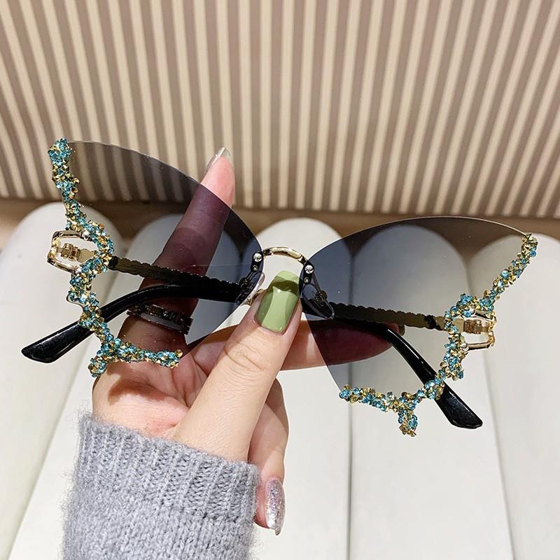 Butterfly sunglasses, UV400 protective frameless sunglasses, sparkling crystal decoration, suitable for parties, vacations, and street wear