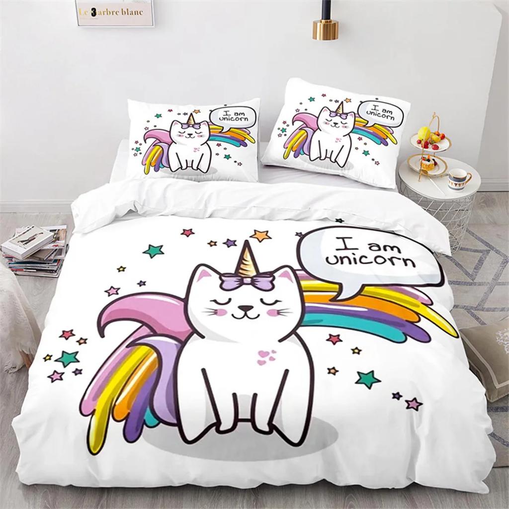Kids Unicorn Duvet Cover Cartoon Magical Animal Microfiber Cute Rainbow Cat For Children Girls Teen Gifts For Bedroom Decoration