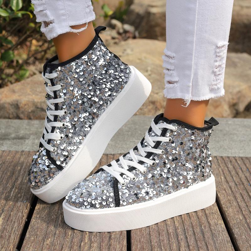 Fashion 2025 Outdoor High Top Women's Vulcanize Shoes Plus Size Women Sneakers Platform Comfortable Versatile Bling Lace Up Casual Shoes