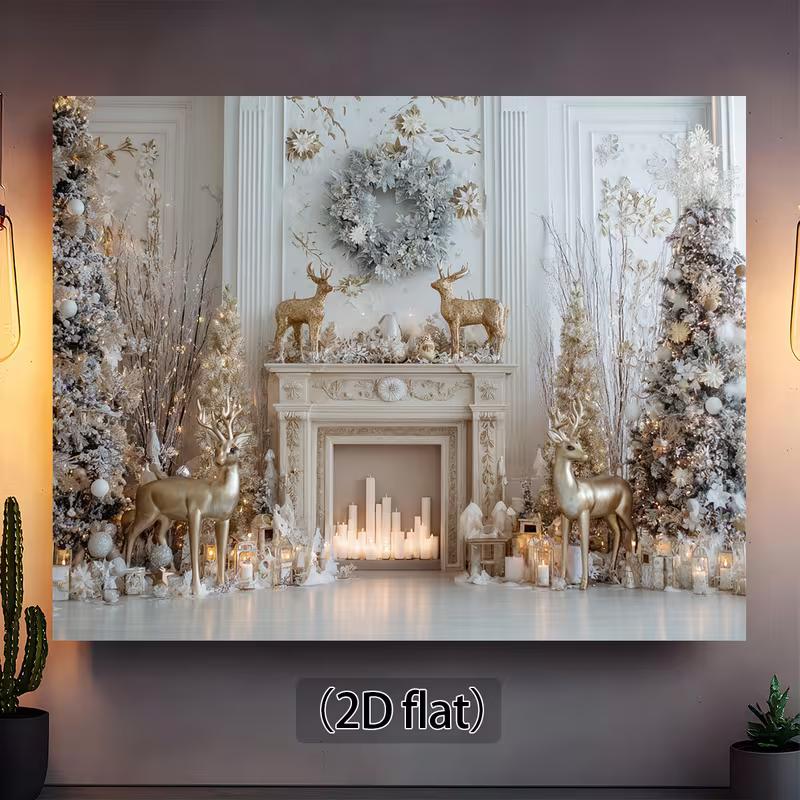 2D White Gold Christmas Fireplace Backdrop Reindeer Photography Background