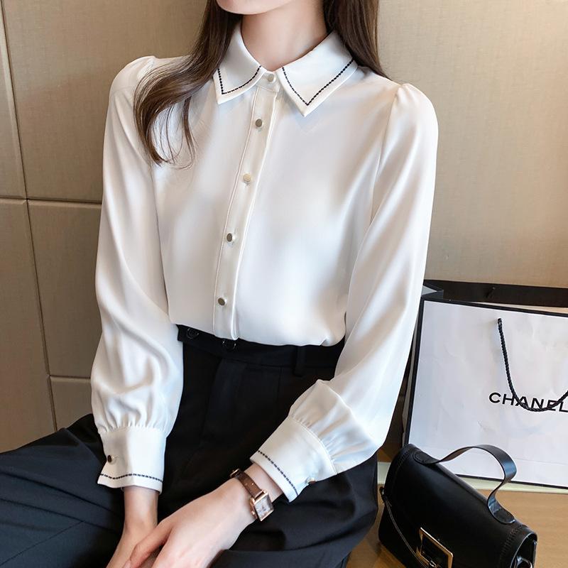 2026 Spring/Autumn Women's Satin Shirt: Long Sleeve, Color-Blocking, Formal Design