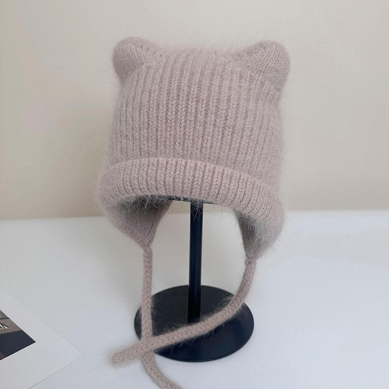 Cute Ears Autumn and Winter Wool Rabbit Hair Straps Candy-colored Wool Hat Bag Head Ear Protection Knitting with Student Warm Girl