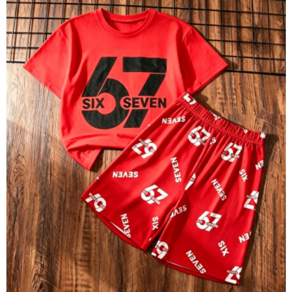 Herrset Six Seven 67 Tryckt Herr T-shirt och Shorts 2-delat Set Sommar Casual Utomhus Herr- och Dam-T-shirtset