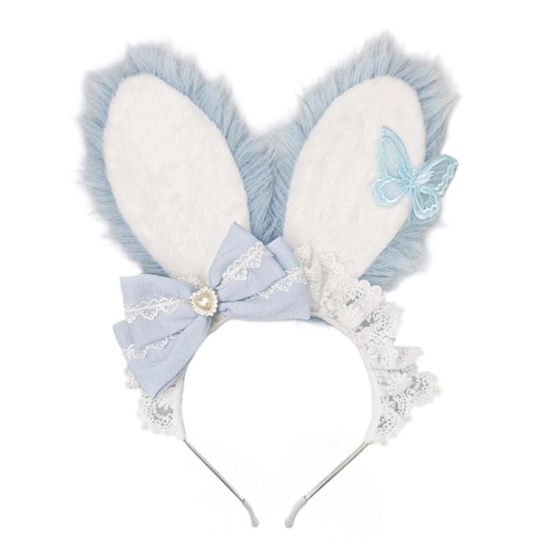 Plush Sweet Rabbit Ears Headband With Elegant Lace And Bowknot Detachable For Cosplay Party And Daily Wear