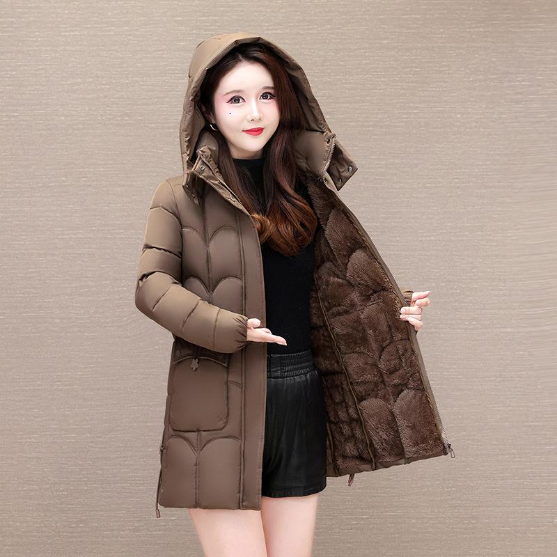 Down cotton-padded jacket Long hooded loose cotton-padded jacket with fleece and thickened cotton-padded jacket