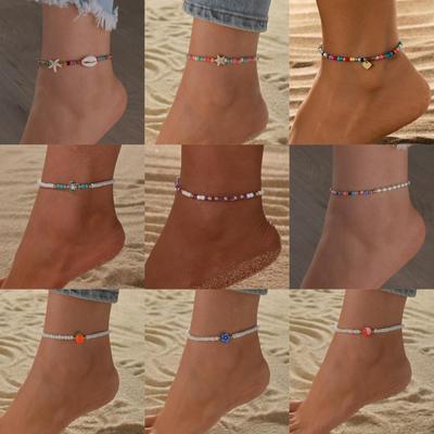 Boho Alloy Turtle Resin Star & Moon Love Bead Elastic Anklet