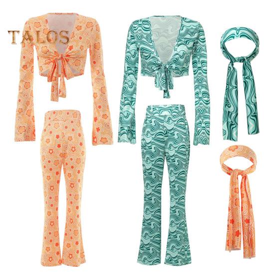 3 Pcs/Set Women Stage Performance Suit V Neck Lace-up Long Sleeves Cropped Top High Waist Flared Hem Trousers Printed Headband Retro Disco Party