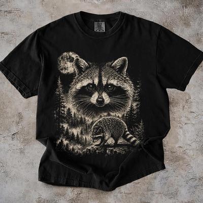 Vintage Raccoon Moon Forest Tee, Distressed Wildlife Graphic Shirt