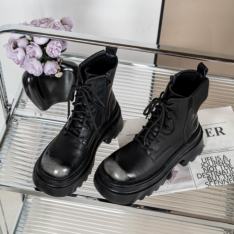 Small Thick-soled Heightened Round Head Polished Women's Boots Knight Boots 2025 Autumn and Winter New British Short Leather Boots Martin Boots