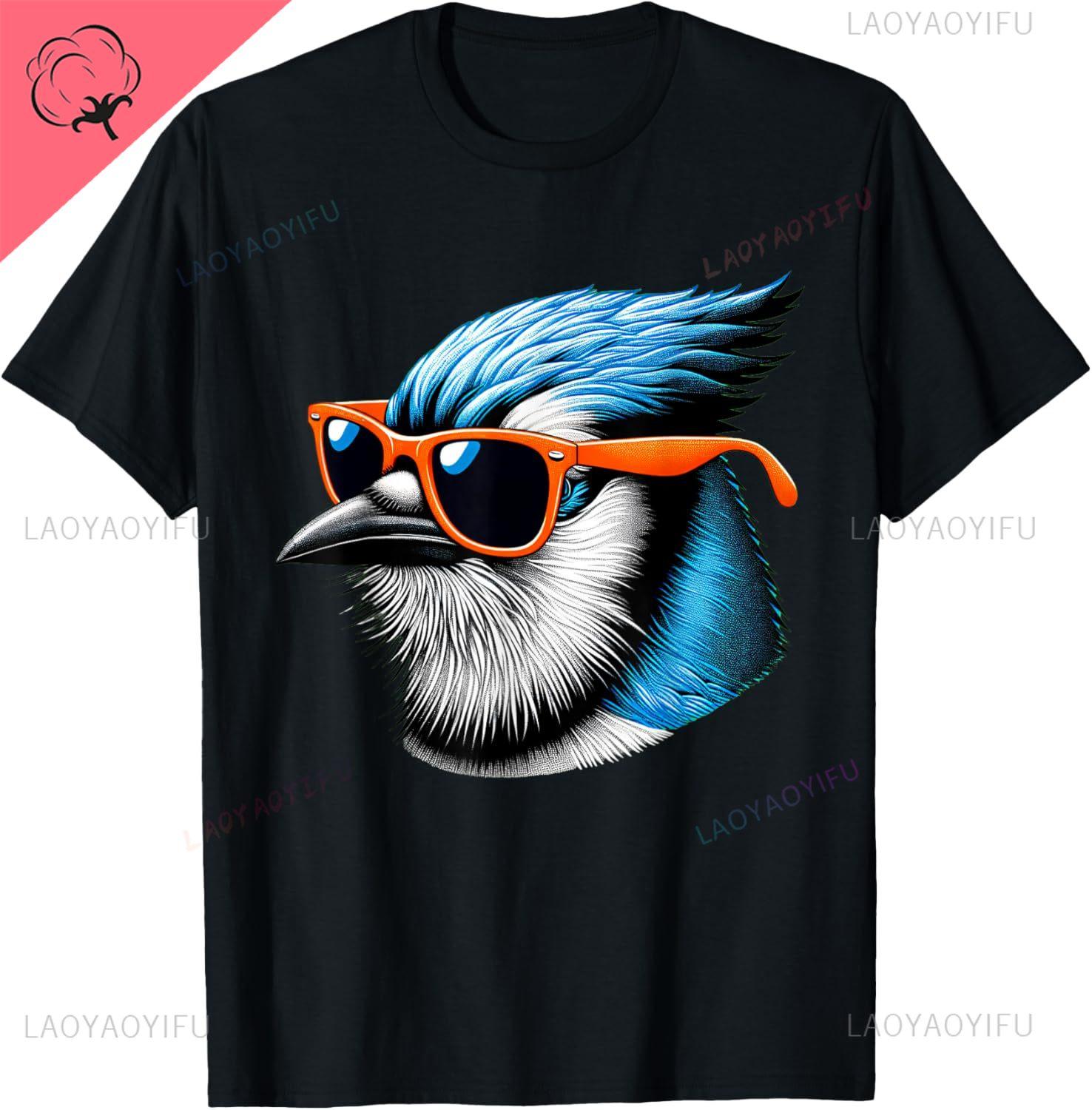 Cool Blue Jay Bird Wearing Sunglasses Graphic Art TShirt Custom Printed Graphic T Shirts Y2k Streetwear Summer Cotton Tops S