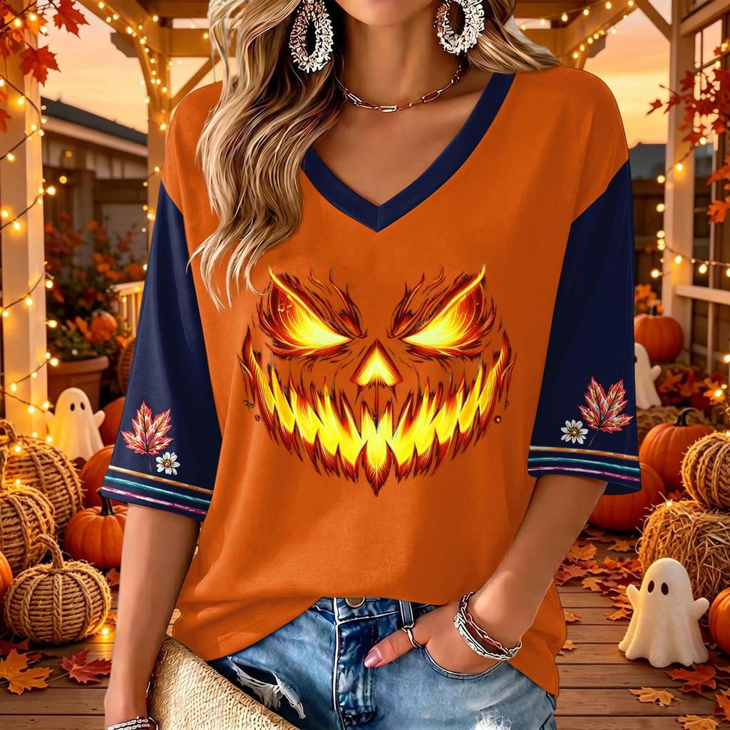 Women's V-Neck Halloween Print Three-Quarter Sleeve Casual Blouse for Fall