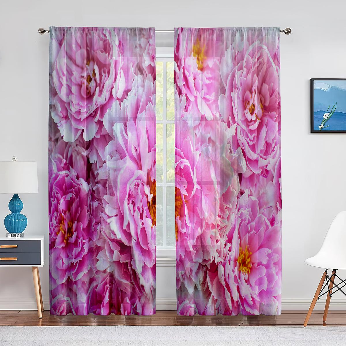 

Букет цветов пиона, розовый, красный, тюлевые шторы с цветочным принтом, занавеска для кухонной двери, шифоновая прозрачная вуаль, шторы для гостиной, спальни 1 PCS W100XH250cm&Grommet Top