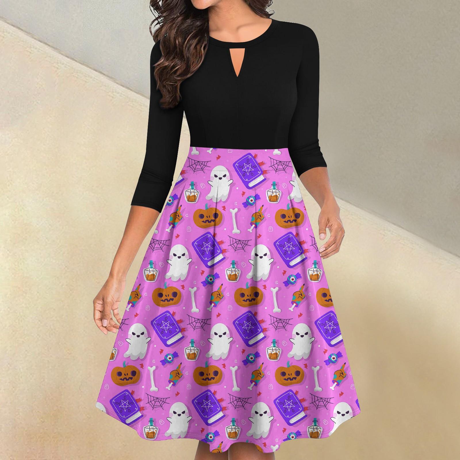 

Женские винтажные платья на Хэллоуин с принтом, расклешенные, с рукавами 3/4, повседневные, с разрезом, свободные, для вечеринок XXL