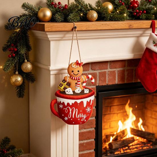 Wall Hanging Festive Ornament Christmas Wooden Sign, Cute Gingerbread Man Hot Cocoa Mug Welcome Door Xmas Holiday Home Decor Hanger for Indoor Outdoor