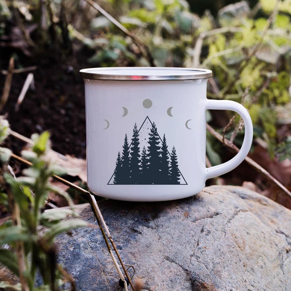 Sunset Forest Creek Creative Enamel Coffee Mugs Outdoor Travel Water Cups Camping Bonfire Party Beer Drink Milk Mug Best Gifts
