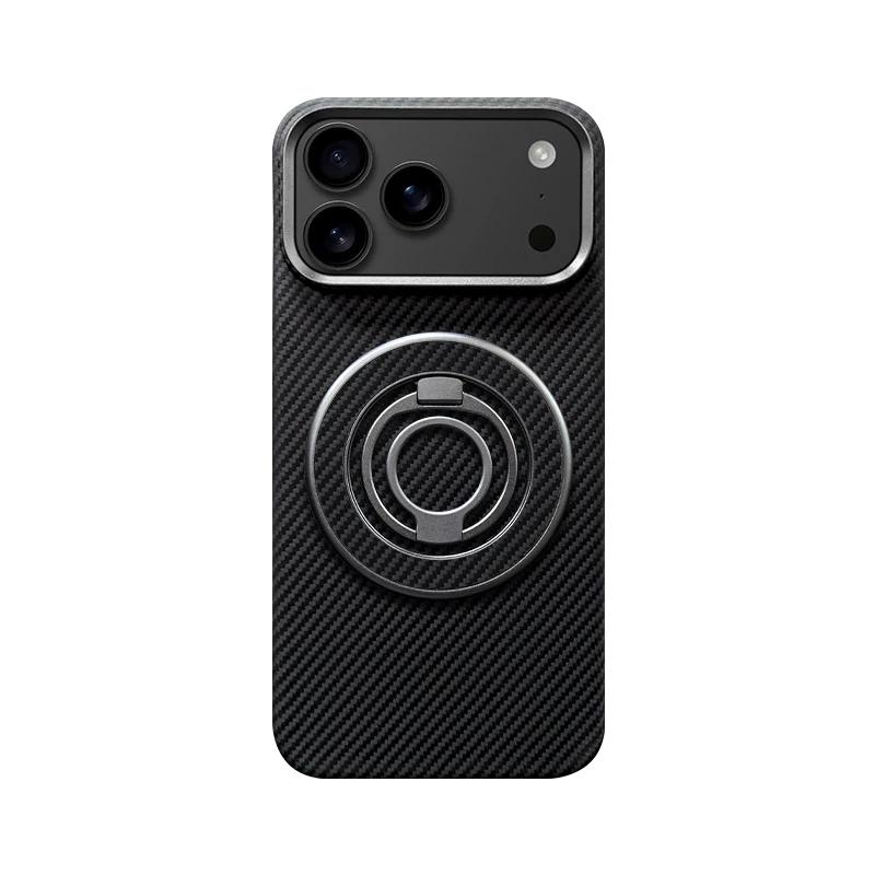 True Aramid Carbon Fiber Pattern Business Phone Case For IPhone 17 Pro Max Air Enhanced For MagSafe Ring Holder Protective Cover