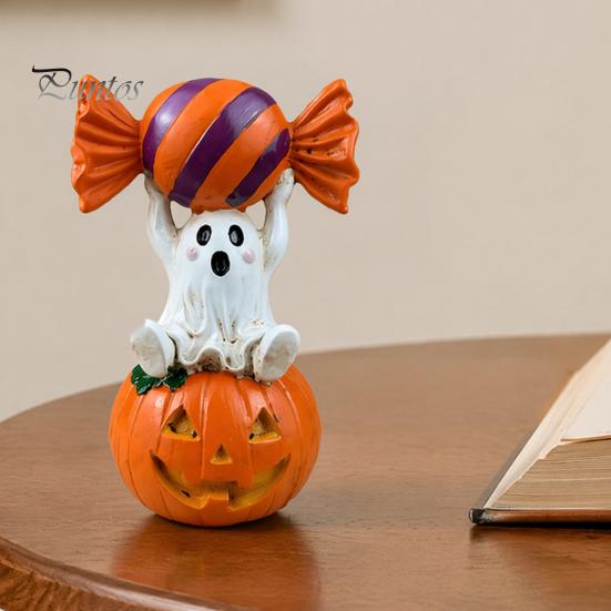 Spooky Holiday Decoration Halloween Ghost Figurine, Cute Sitting on Pumpkin Holding Candy Dark Sweet Room Decor Statue, Resin Table Ornament