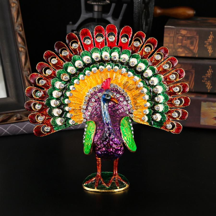 Baifenbai Home Furnishing New Peacock Open Screen Jewelry Box Enamel Color Diamond Peacock Jewelry Box Home Ornament Metal Crafts Flip