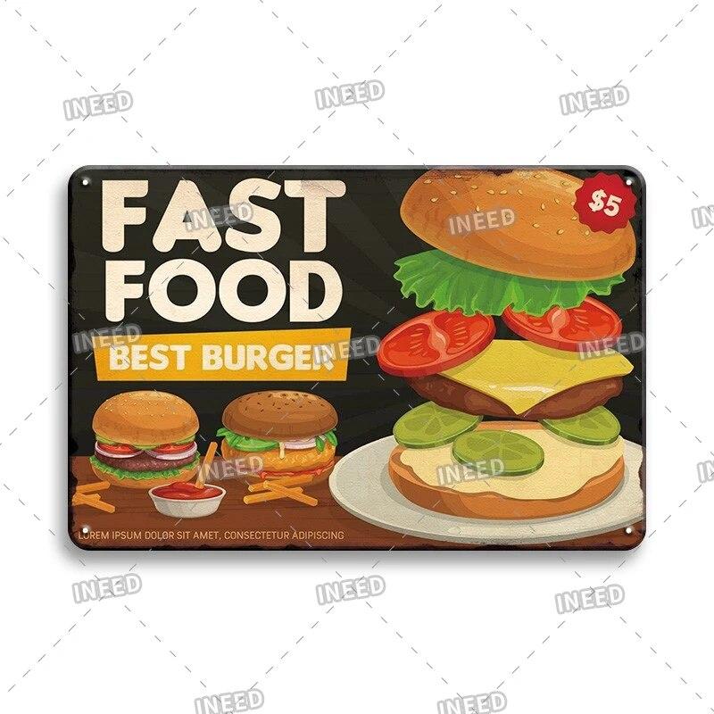 Burger Sign Best in Town 100% Beef BBQ Vintage Decor Hotdogs Kitchen Decorations Wall Plaque Retro Decor Vintage Food Sign