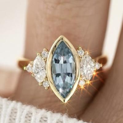 Luxury 18k Yellow Gold Plated Zircon Ring, European and American Fashion Ins Women's Ring, Lake Blue Jewelry.