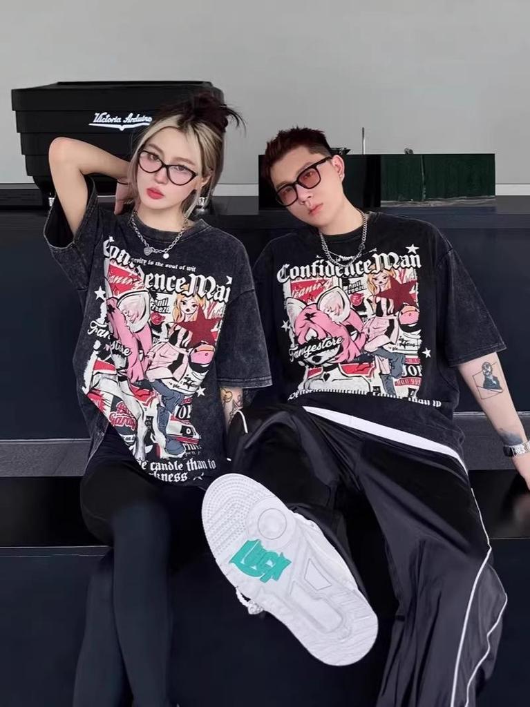 Retro Trendy Unisex Washed Anime T-shirt - Summer High Street Style, Loose Fit, Pure Cotton, Short Sleeve