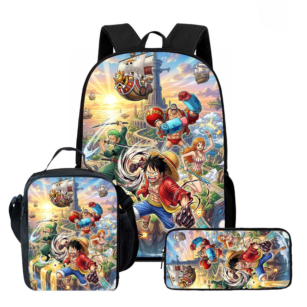 One Piece 3-In-1 Cartoon Lightweight Adjustable School Backpack with Lunch Bag& Pencil Case for Children Age 6-10 Primary School