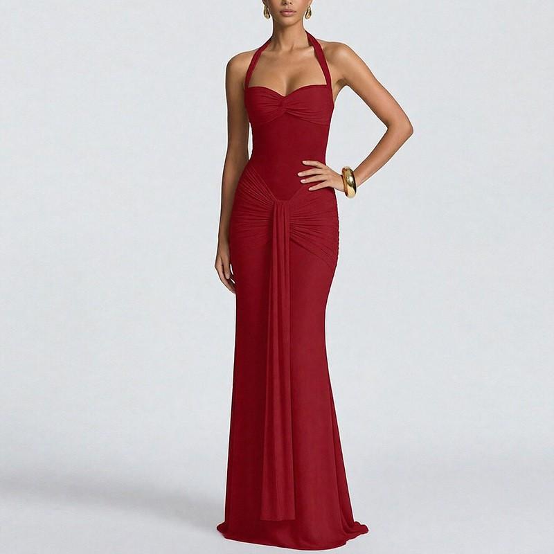 

European American Fashionable Elegant Solid Color Hanging Neck Bag Hip Long Dress 3XL красный