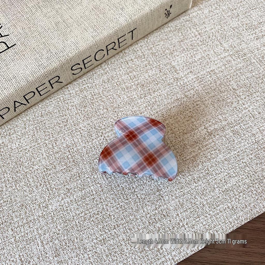 Korean Blue & Coffee Plaid Hair Claw: Versatile Shark Clip for Women