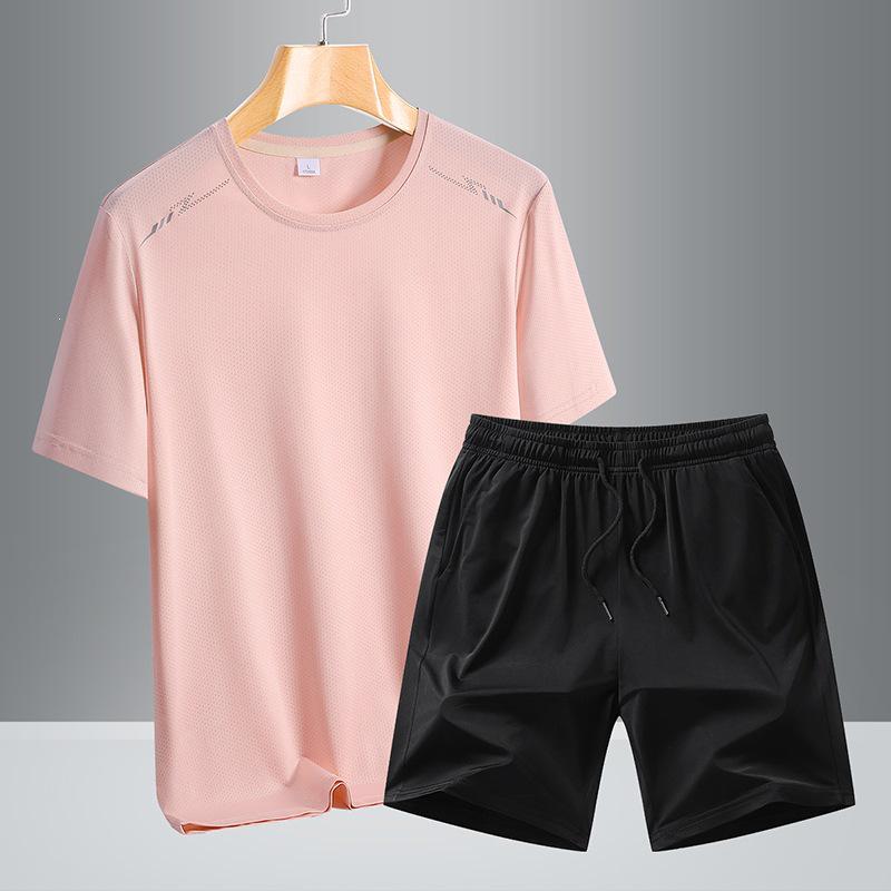Men's Summer Ice Silk Quick-Dry Sports Set: Breathable Short Sleeve & Shorts for Casual Fitness.