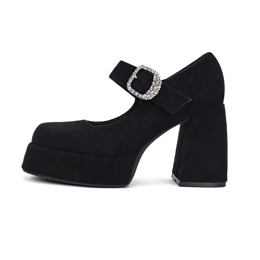 French small high-heeled Mary Jane shoes Hepburn black small man platform small leather shoes with skirt high heels 2025