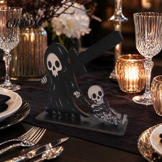 Reusable Table Ornaments Halloween Sign, Spooky Ghost Grim Reaper Black Cat Pumpkin Scarecrow Party Supplies Wooden Tabletop Centerpiece for