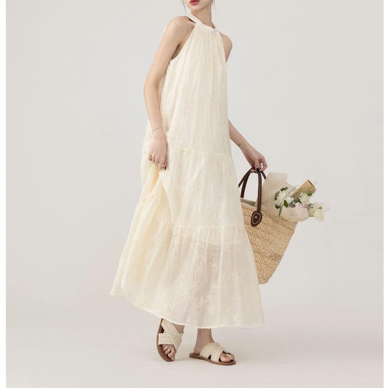 Flower Pattern Round Neck Suspenders Loose Long Skirt Dress Summer Dress Beach Vacation Casual Dresses