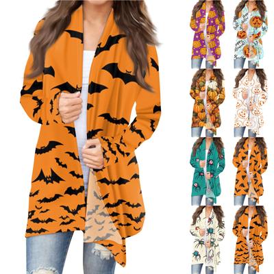 Women's Fashion Casual Halloween Printed Medium Length Cardigan Jacket Coat