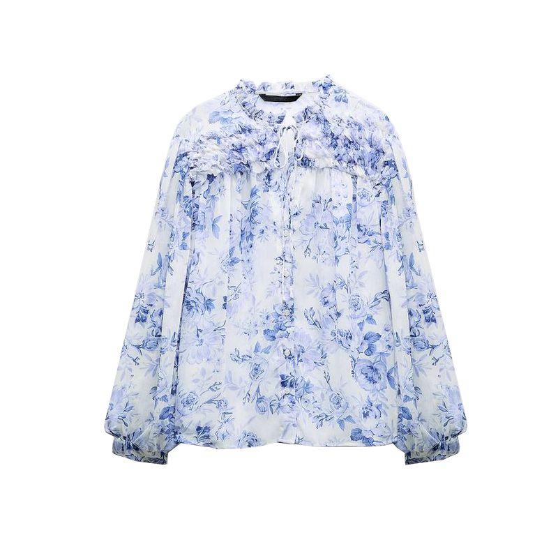 

Spring and Summer New Lantern Sleeve V Neck Translucent Shirt Laminated Decoration Flower Print Blouse 2298069 Print L