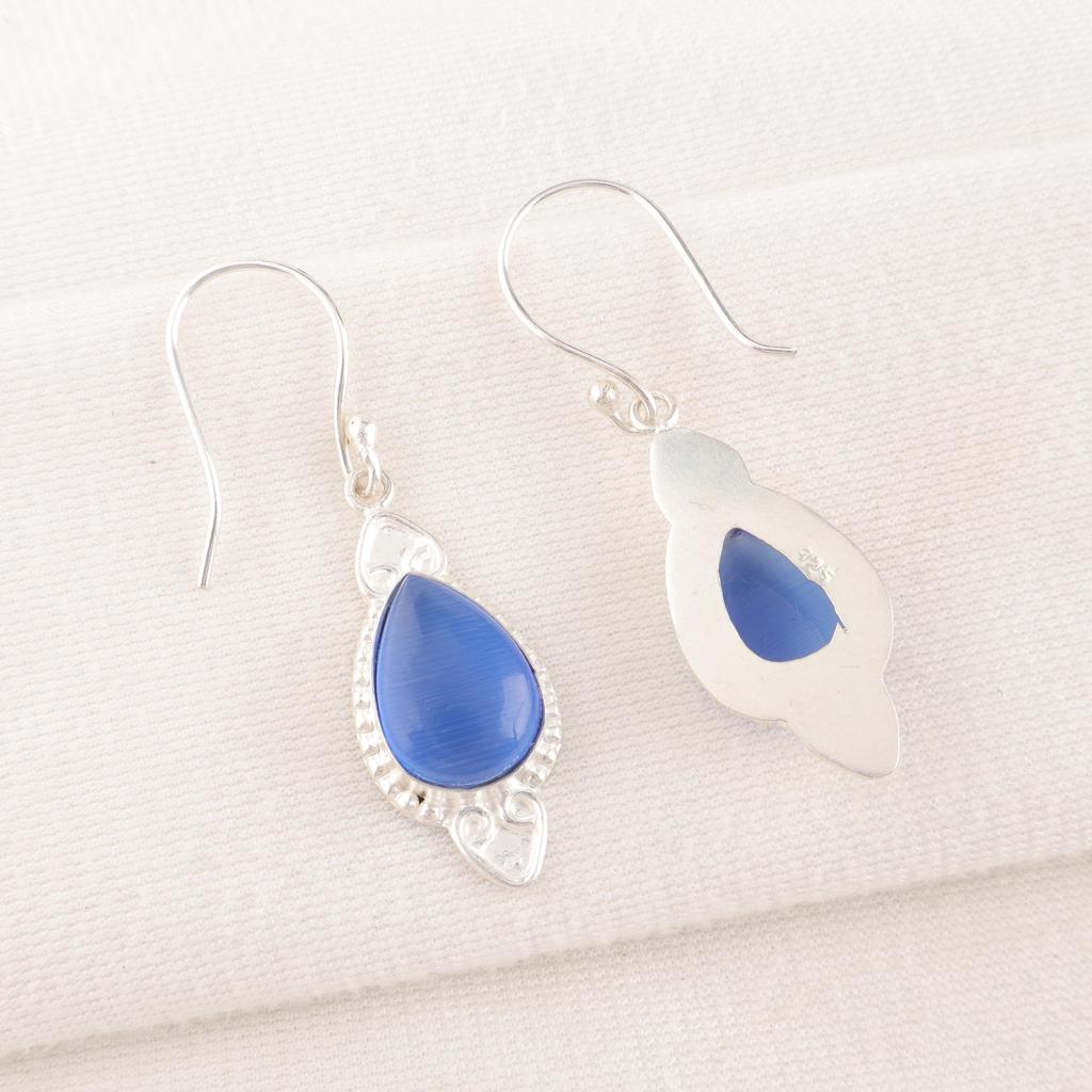 Dark Blue Cat's Eye 925 Solid Sterling Silver Earrings, Handmade Gemstone Earrings Jewelry, Gifts For Wife Brand New Earrings