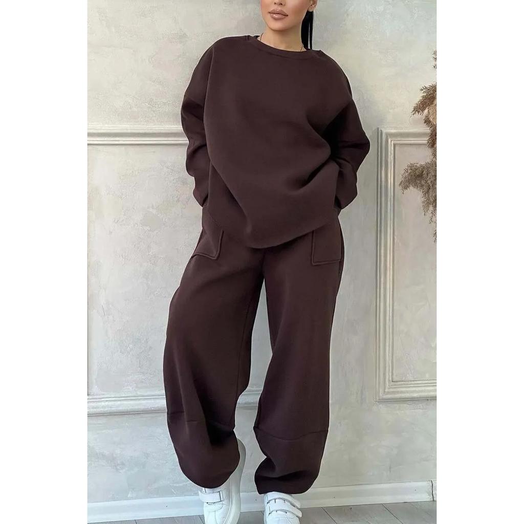 New European American Style Women's Casual Loose Crewneck Long Sleeve Sweatshirt & Pants Two Piece Set For Autumn Winter