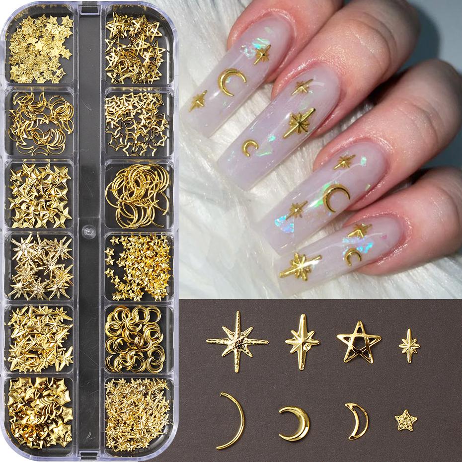 Xiaomi 12 Grids Golden Silvery Starlight Nails Art Charms Moon Cross Star Design Alloy Studs Nail Art Decoration DIY Manicure Supplies