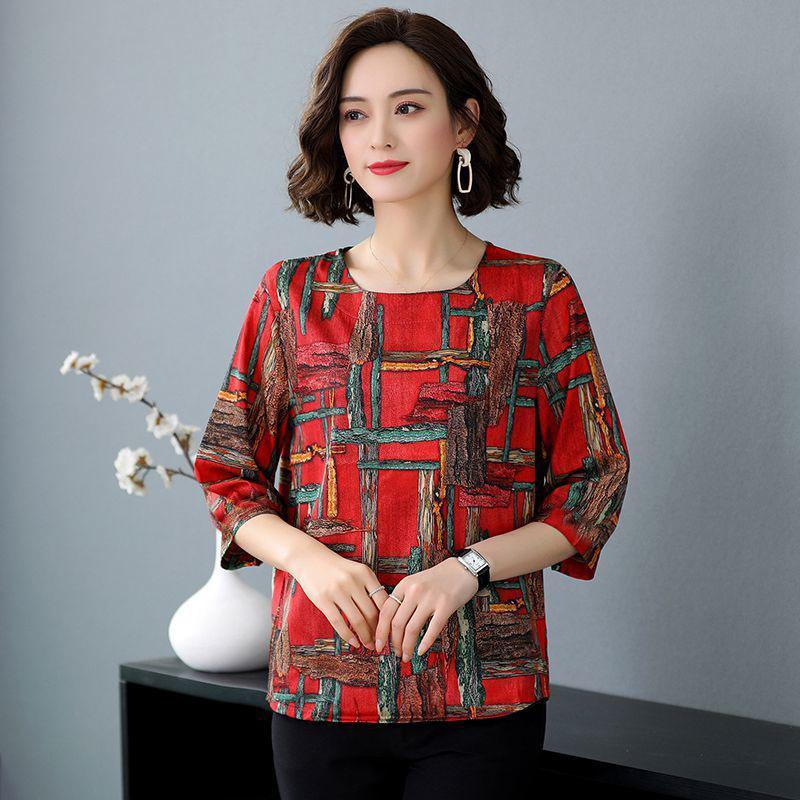 Dámské jarní a letní oblečení plus size Retro tričko s pěticetiminutovým rukávem Dámské spodní tričko s polovičním rukávem z imitace ledového hedvábí Top