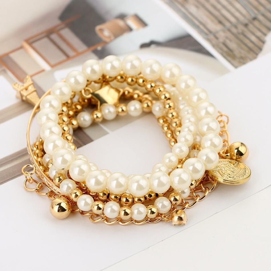 6 Pcs New Fashion Imitation Pearl Retro Bracelet Coin Six-piece Jewelry Multi-layer Elastic Fashion Bracelet